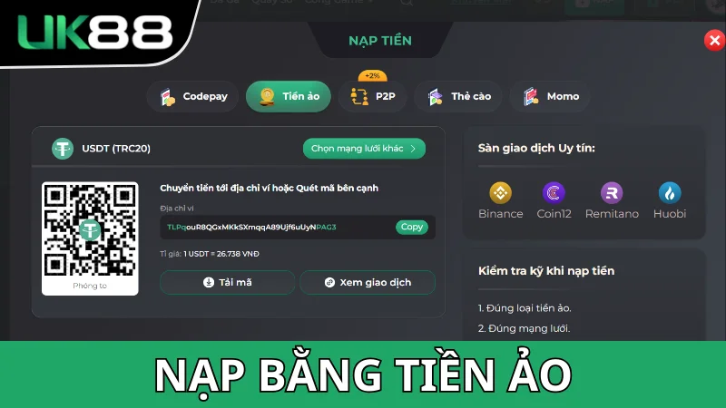 Nạp tiền UK88 bằng tiền ảo