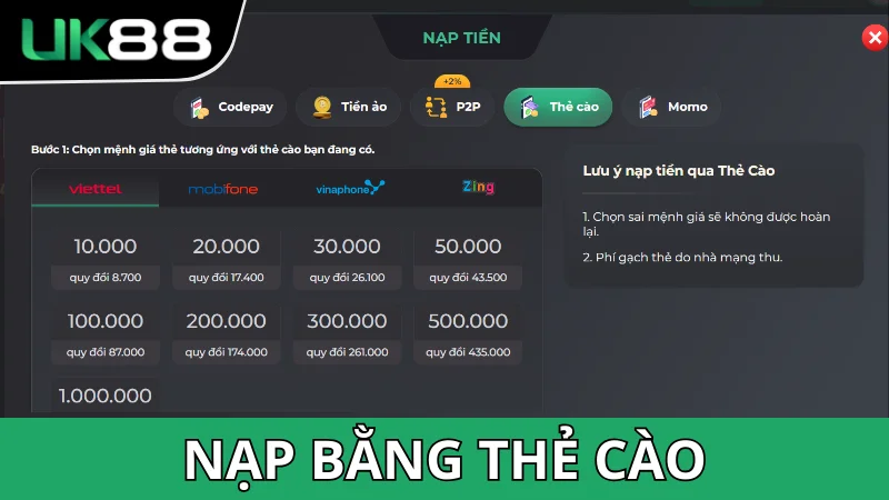 Nạp vốn vào UK88 bằng thẻ cào di động