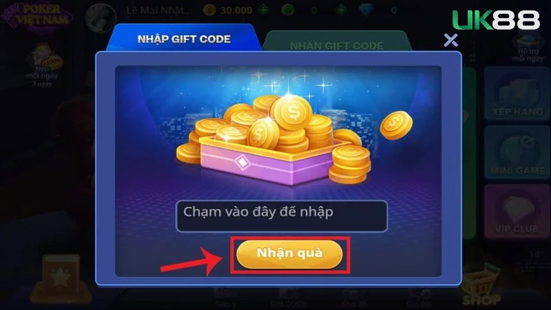 Nhập code thưởng vào đúng vị trí để nhận quà